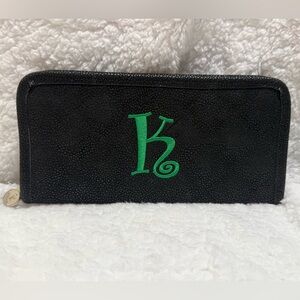 NWOT Initials Inc. Black Clutch with Green Initial Embroidered Letter K